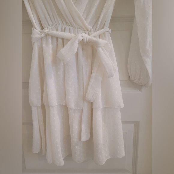 White polka dot ruffle mini, long sleeve summer dress with a belt. Fits XS & S. - Picture 2 of 3